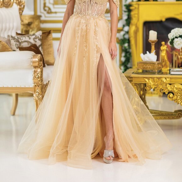 New Off Shoulder Long Semi-Ball Gown w/ Sheer Beads Embellished Bodice DQ 4490 - Picture 5 of 8